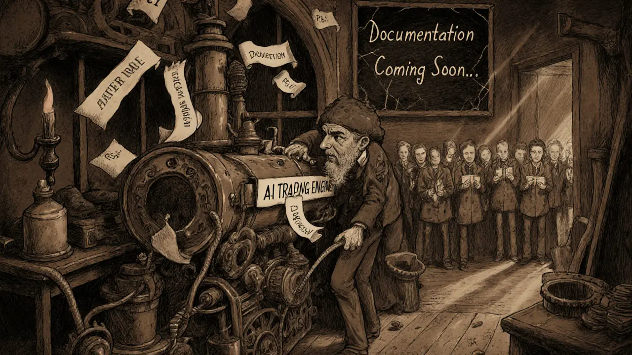 An inventor struggles to fix a broken AI machine with scattered technical indicators and a &#039;Documentation Coming Soon&#039; sign.