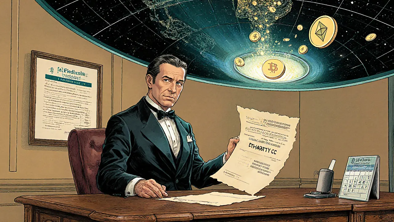 An investor receives a crypto donation receipt with a floating blockchain map above.