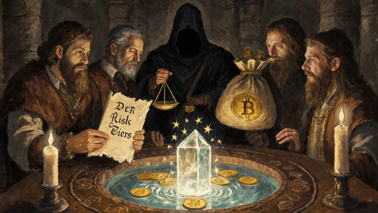 DeFi adventurers stake RLP tokens at a glowing oracle table in a candlelit vault.
