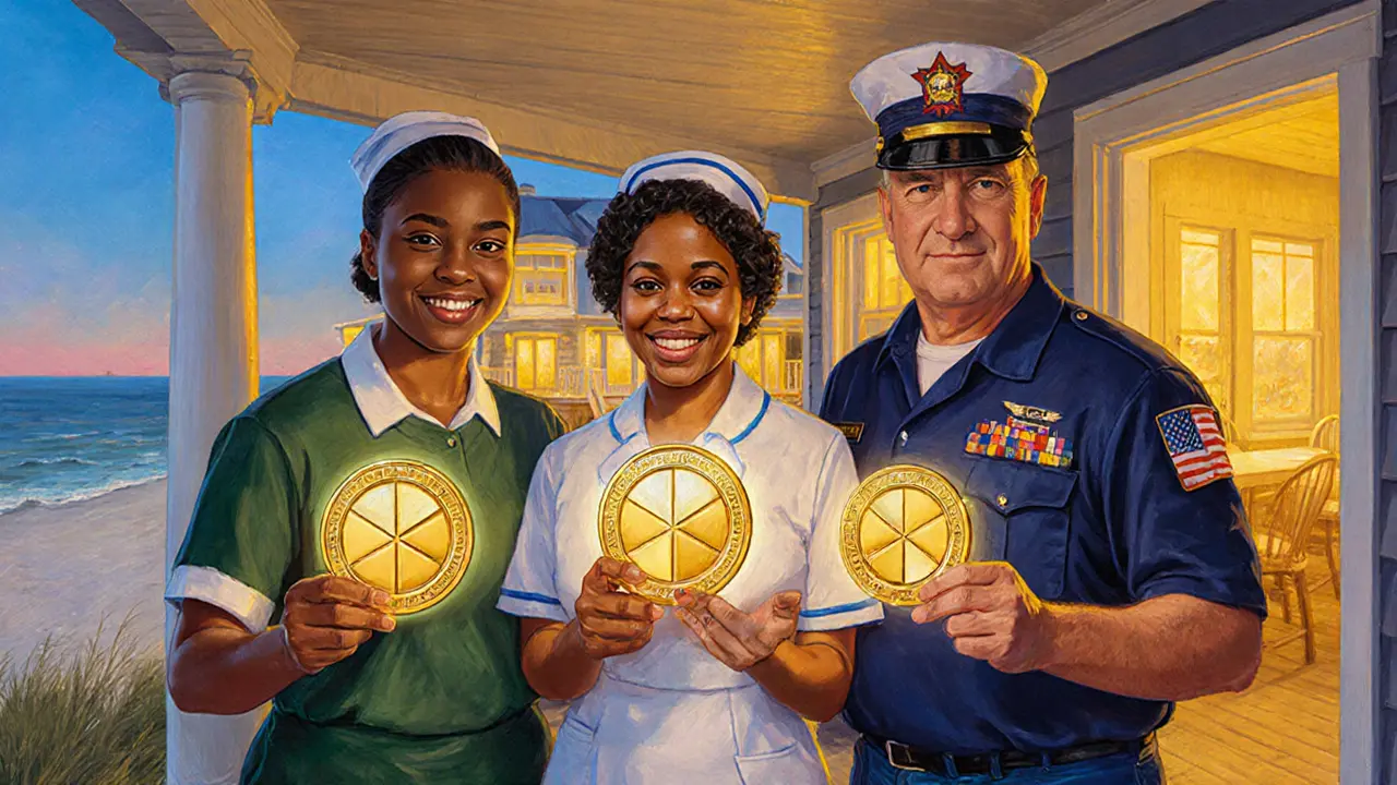 Diverse individuals hold glowing tokens as a shared beach property shines behind them, representing fractional ownership.