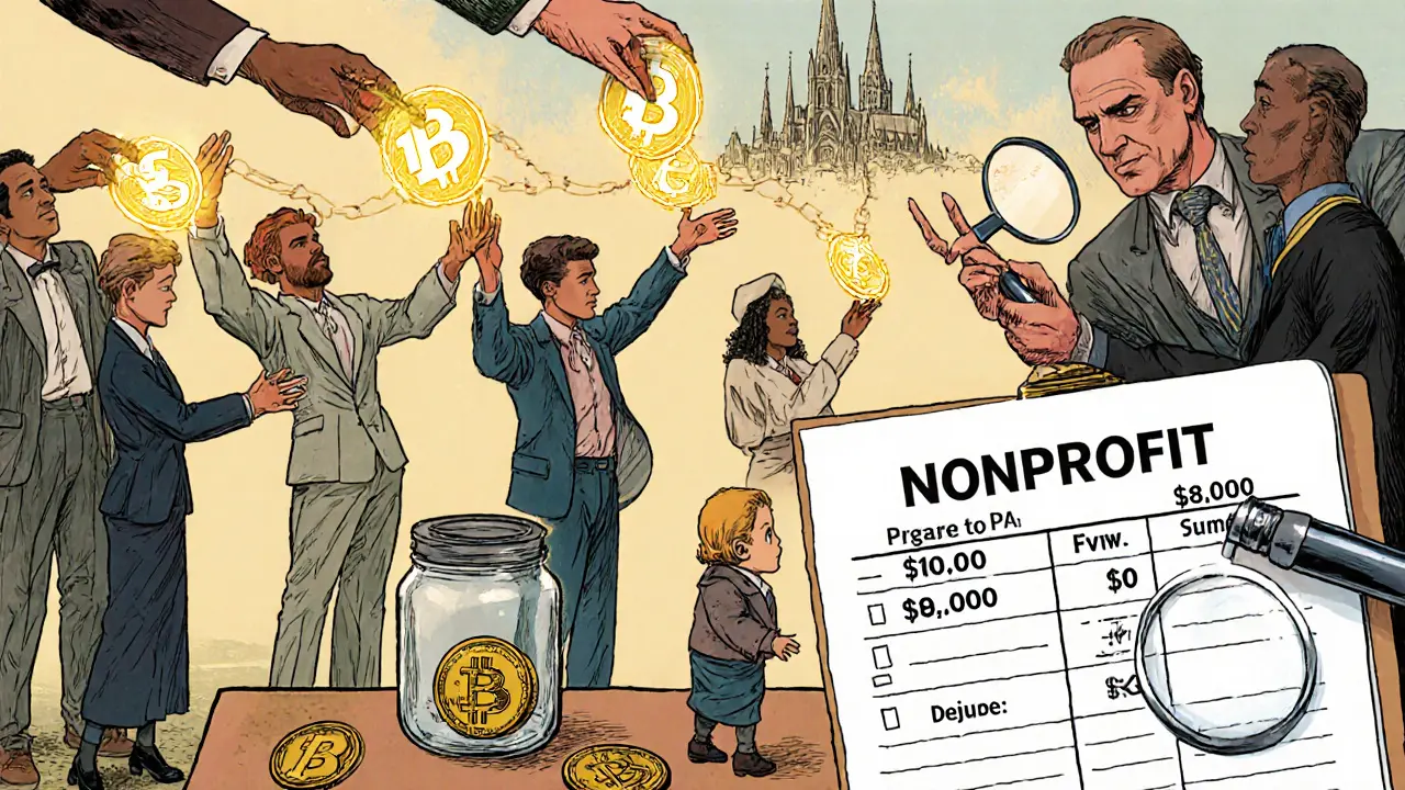 Donors pass digital tokens toward a nonprofit cathedral as a tax auditor reviews records.