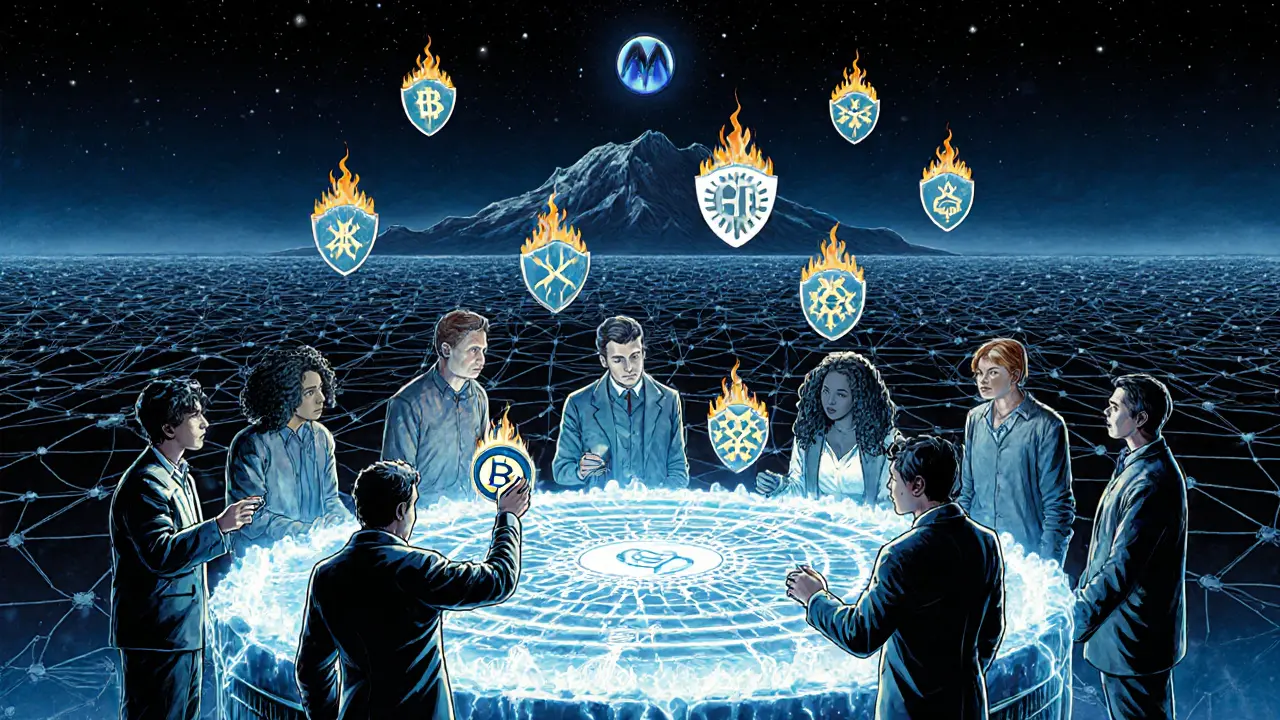 Engineers solve privacy puzzles around a glowing mainnet console, with nodes stretching into a starry void.