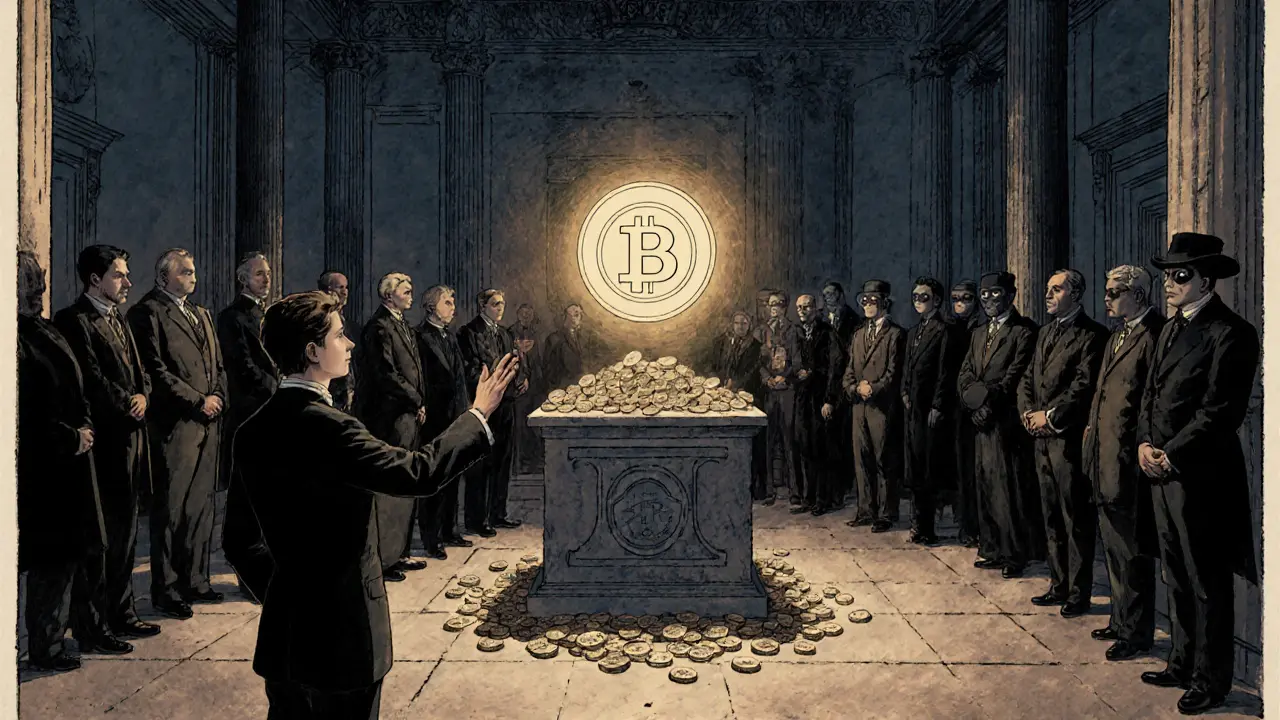 Enterprise figures gather around a radiant cryptographic signature on a stone altar, with a developer reaching toward the light.