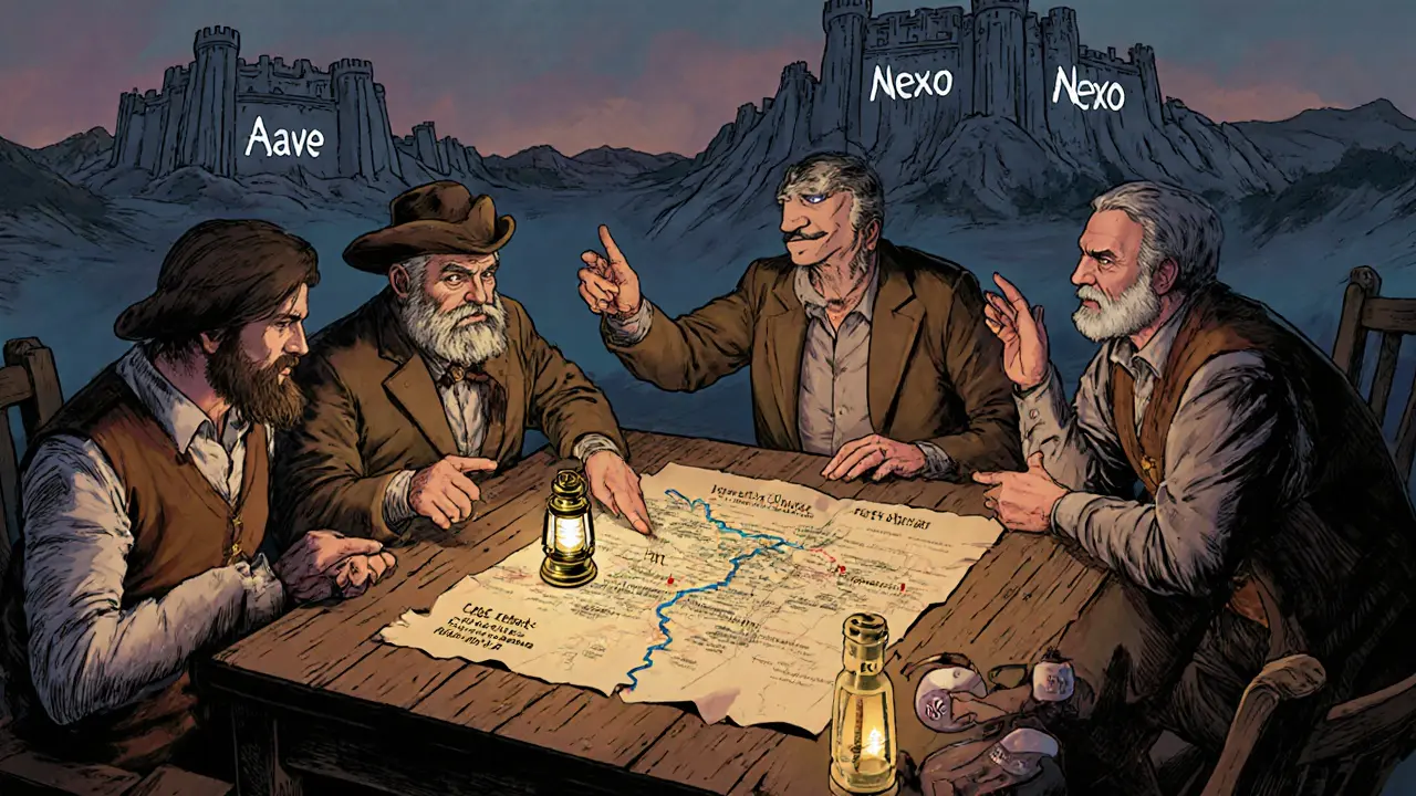 Experienced crypto users study a map of NFT lending routes, with PBX as a small glowing lantern among giants.