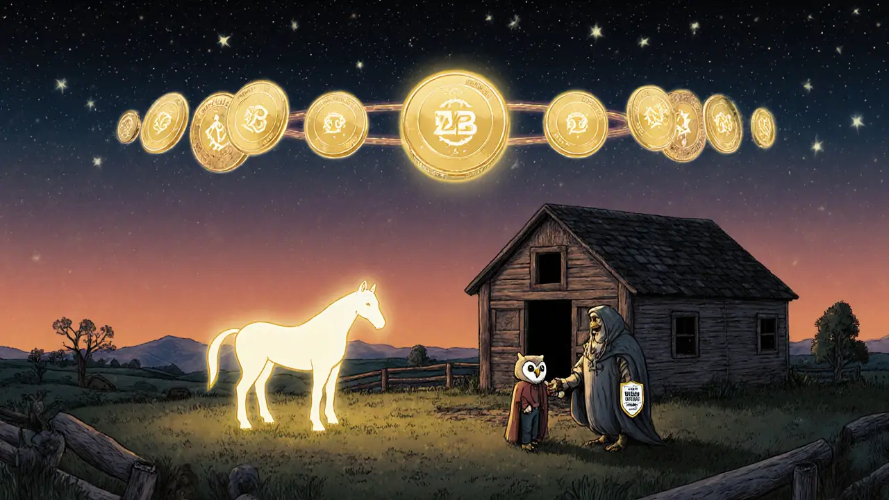 Farmer breeding NFT horses under a celestial belt of 120 million ZERC tokens.