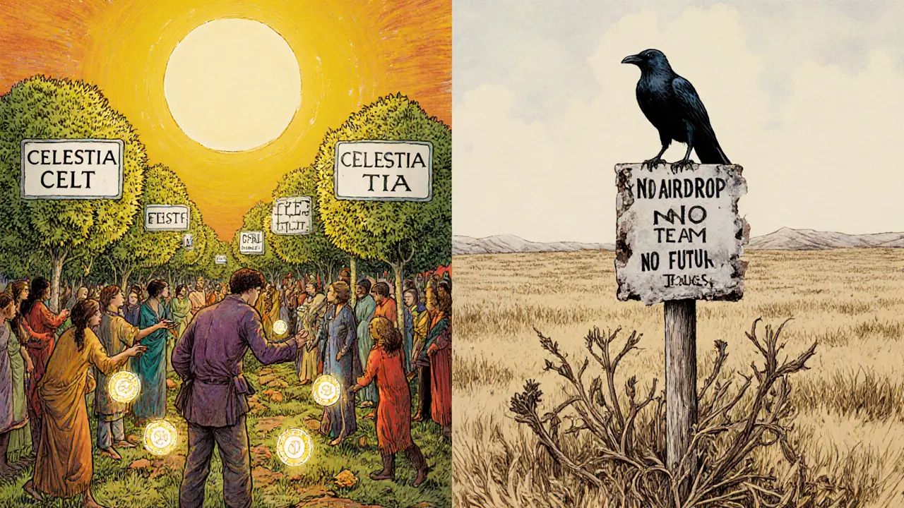 Left: community planting trees for Celestia TIA; right: a dead plant labeled CELT under a crumbling sign.