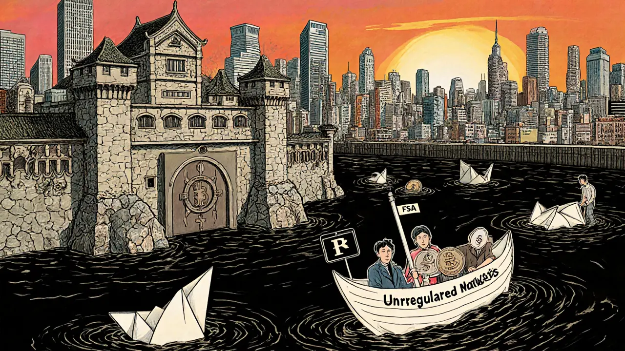 Licensed crypto exchanges are strong castles; unregulated ones sink as boats in a dark river, symbolizing safety vs. risk.