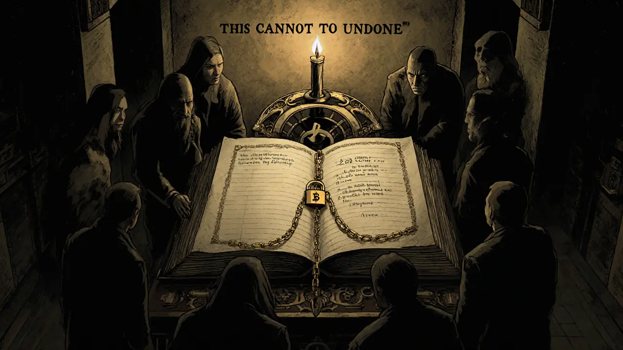 Shadowy figures gather around a mechanical ledger with golden chains locking the genesis block&#039;s 50 BTC, illuminated by a single candle.