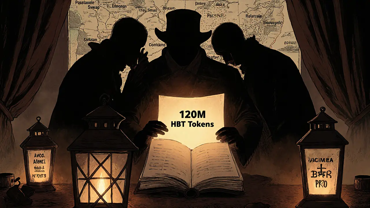 Shadowy figures over a fading DeFi map, abandoned staking lanterns in foreground, Howard Pyle style.