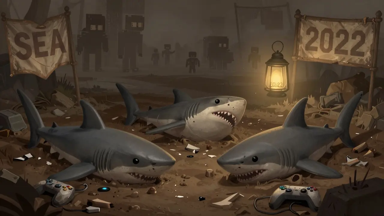 Three broken NFT shark figurines lie abandoned in a ruined GameFi battlefield.
