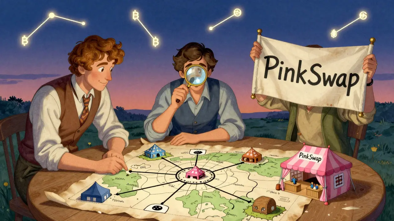 Three characters study a parchment map of the PinkSale ecosystem with pathways leading to a small trading post.