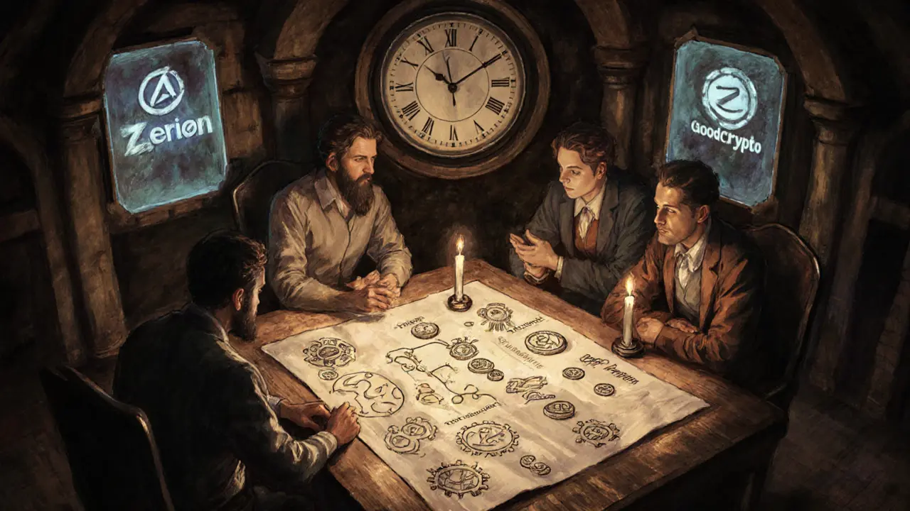 Three investors review a hand-drawn portfolio chart in a candlelit vault with AI holograms in the background.