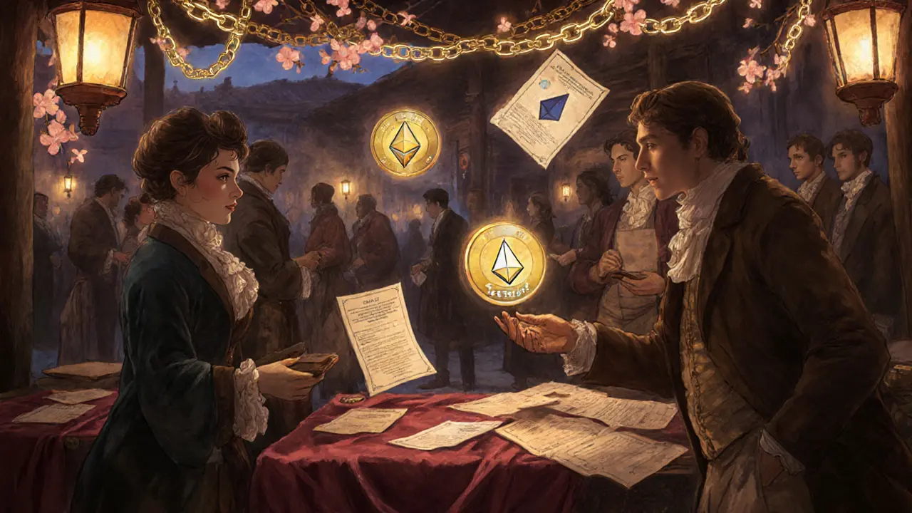 Traders in vintage clothes barter floating digital tokens in a twilight bazaar with glowing cherry blossoms.