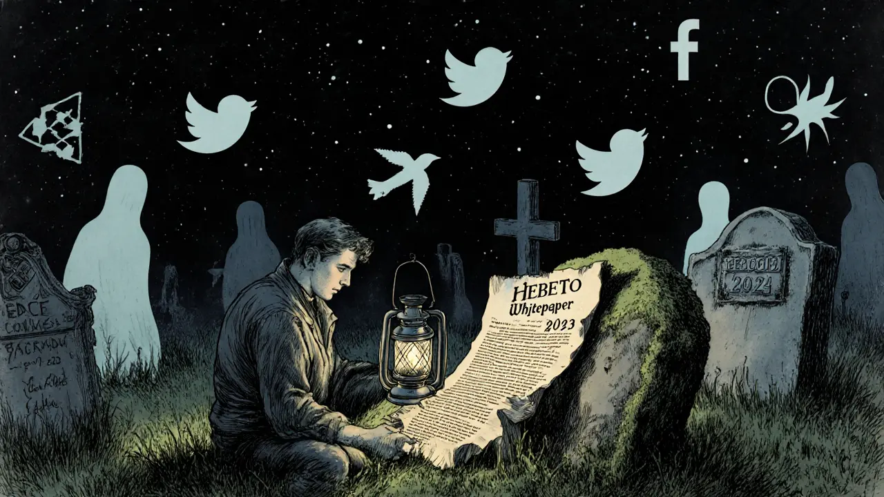 Traveler reading a faded whitepaper in a crypto graveyard, ghostly social icons fading into night, Howard Pyle style.