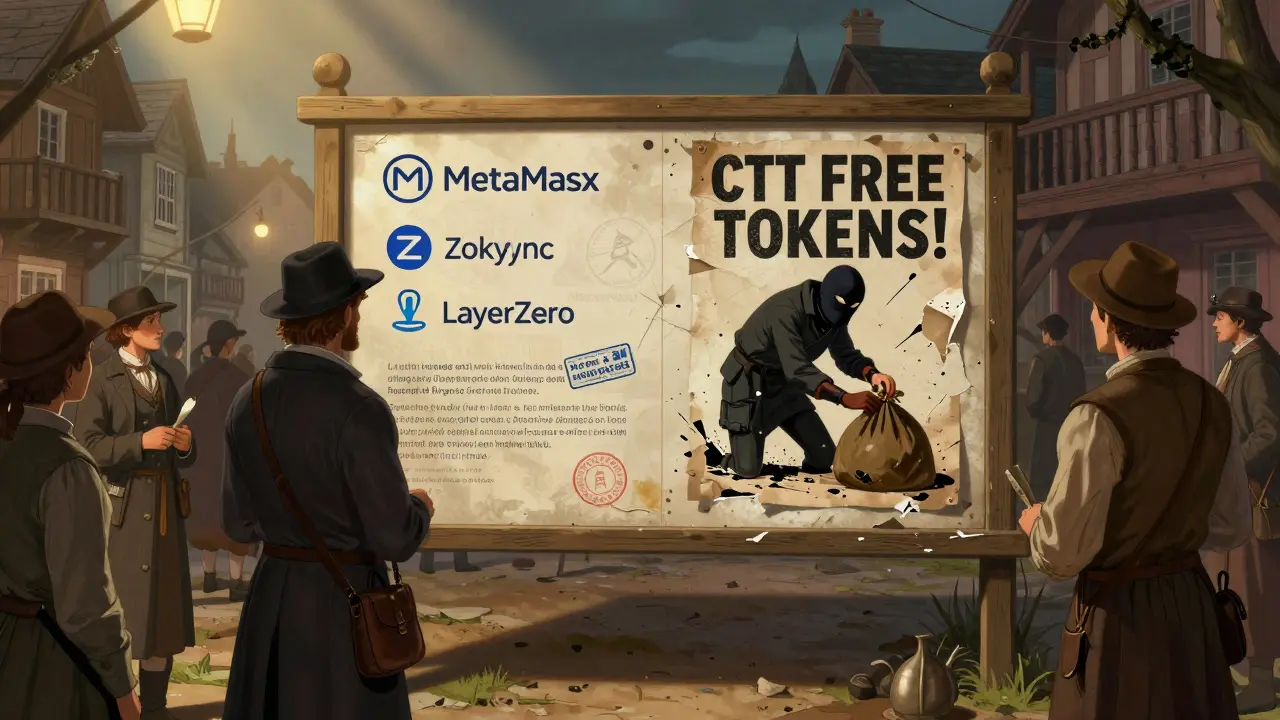 A 19th-century town square with official airdrop notices on one side and a thief stealing from a poster labeled CTT.