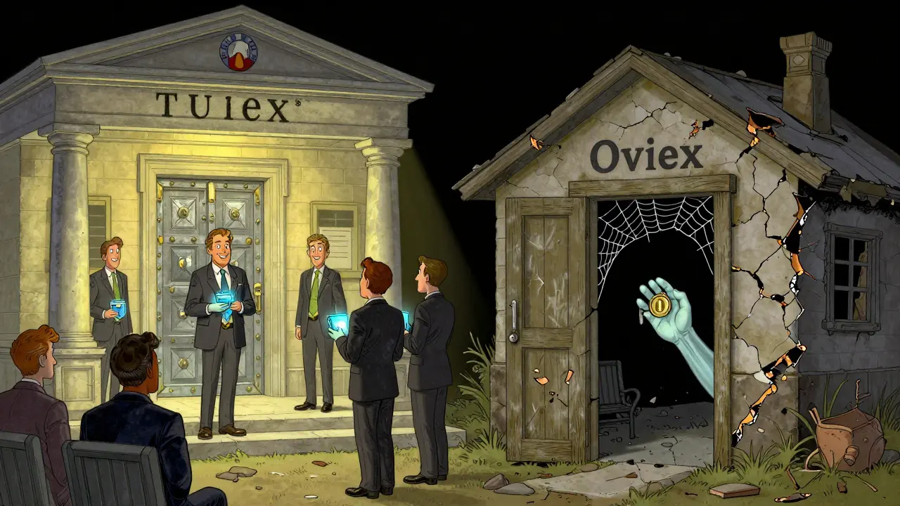 A contrast scene: a secure, well-lit exchange on the left versus a crumbling shack labeled Oviex on the right, with a ghostly hand holding a zero-value token.