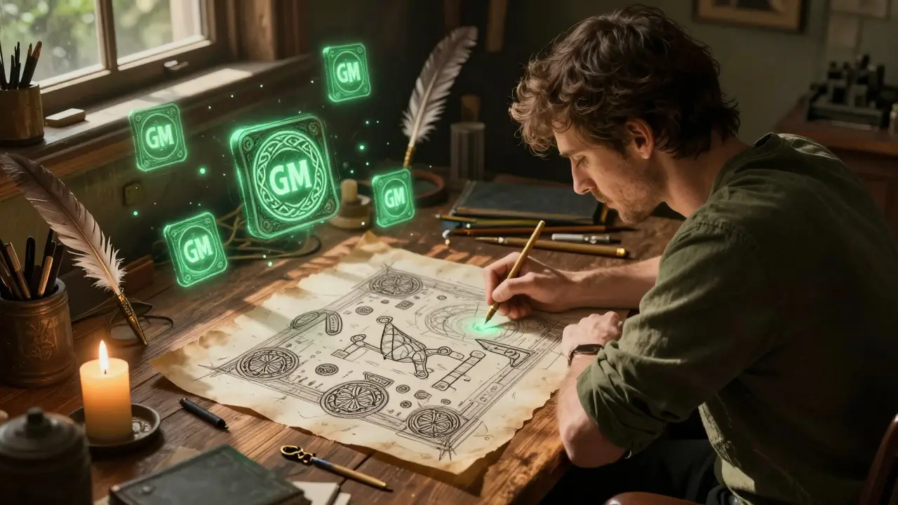 A developer sketching game designs with NFTs and blockchain symbols on parchment at a wooden desk.