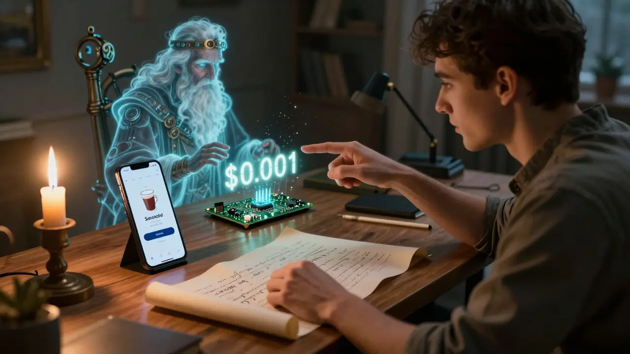 A developer works with cryptic equations as a spectral guide shows a smartphone verifying a payment with a tiny ZK proof.