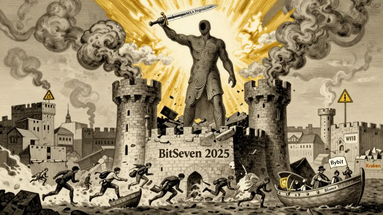 A faceless blockchain giant atop a crumbling castle labeled 'BitSeven 2025', as tiny traders flee toward safer exchanges in the distance.