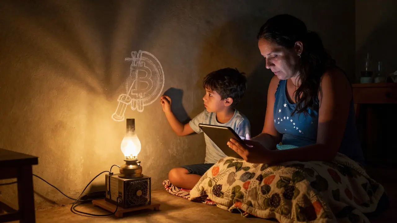 A family uses stablecoins to buy food while a hidden miner runs quietly in the background.