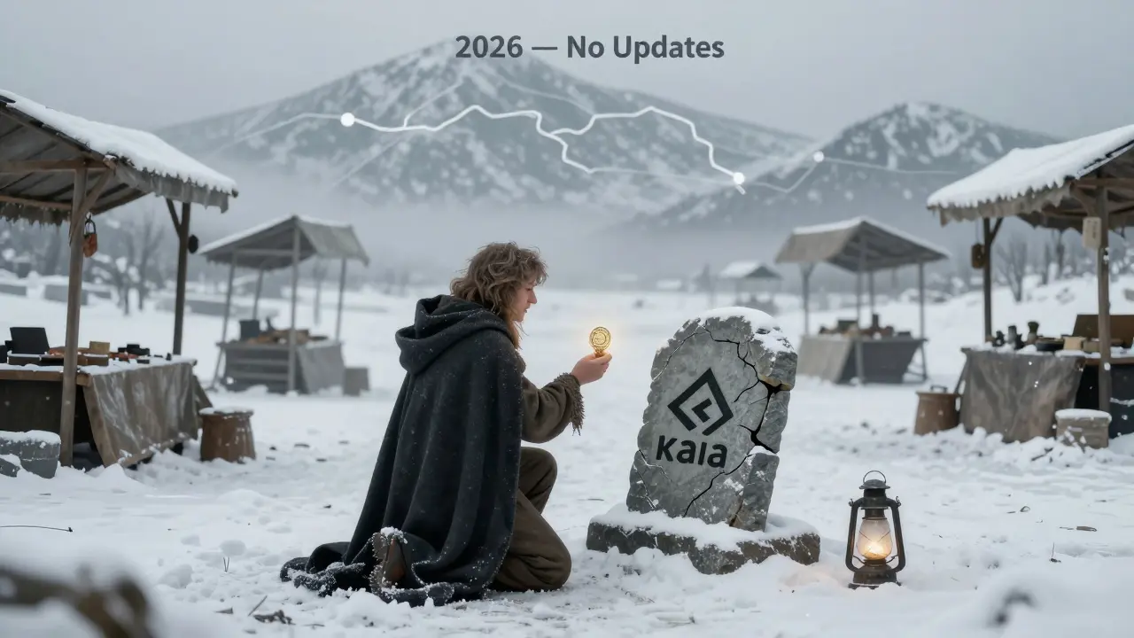 A figure offers a token to a cracked stone tablet, surrounded by abandoned stalls and snow, under a mountain marked &#039;No Updates&#039;.