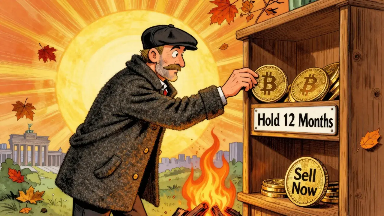 A German investor placing a Bitcoin on a shelf labeled &#039;Hold 12 Months&#039; as another burns, symbolizing tax-free holding.