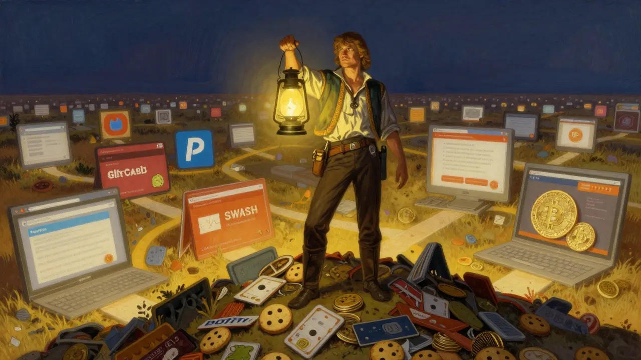 A hero holding a SWASH token lantern, standing above digital clutter, guiding paths to rewards.