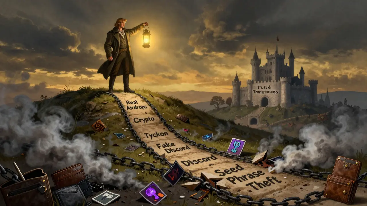 A hero holds a lantern lighting a path to a castle of trust, while frauds smolder below in a pit of broken chains.
