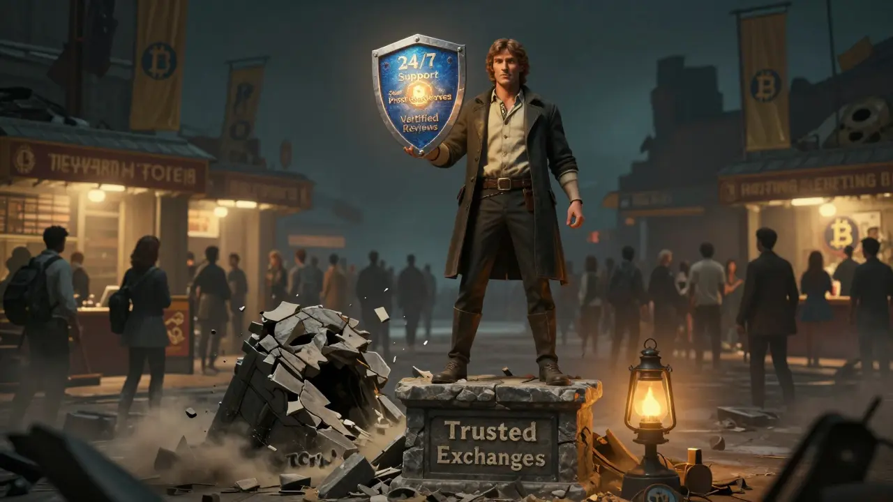 A hero stands on a pedestal of trusted exchanges as a crumbling TCHApp structure collapses into dust.