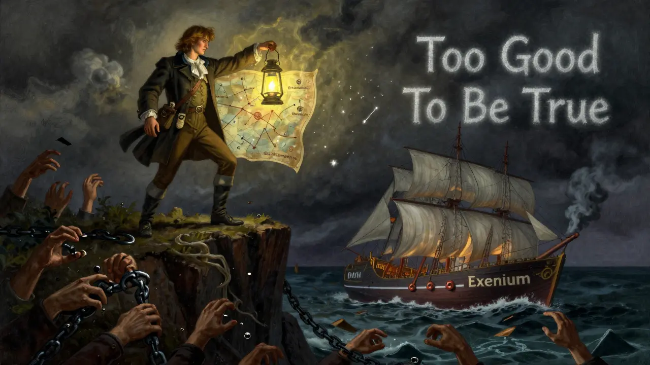 A heroic explorer holds a lantern illuminating true exchanges on a map, as a sinking ship labeled &#039;Exenium&#039; disappears into dark waters below.
