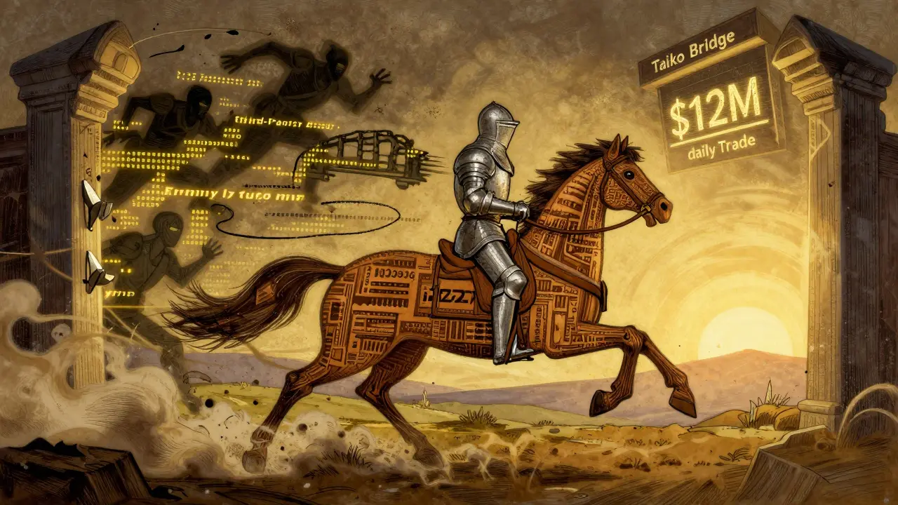 A knight made of code rides through a Taiko Bridge portal, leaving crumbling shadowy bridges behind in a heroic, painterly scene.