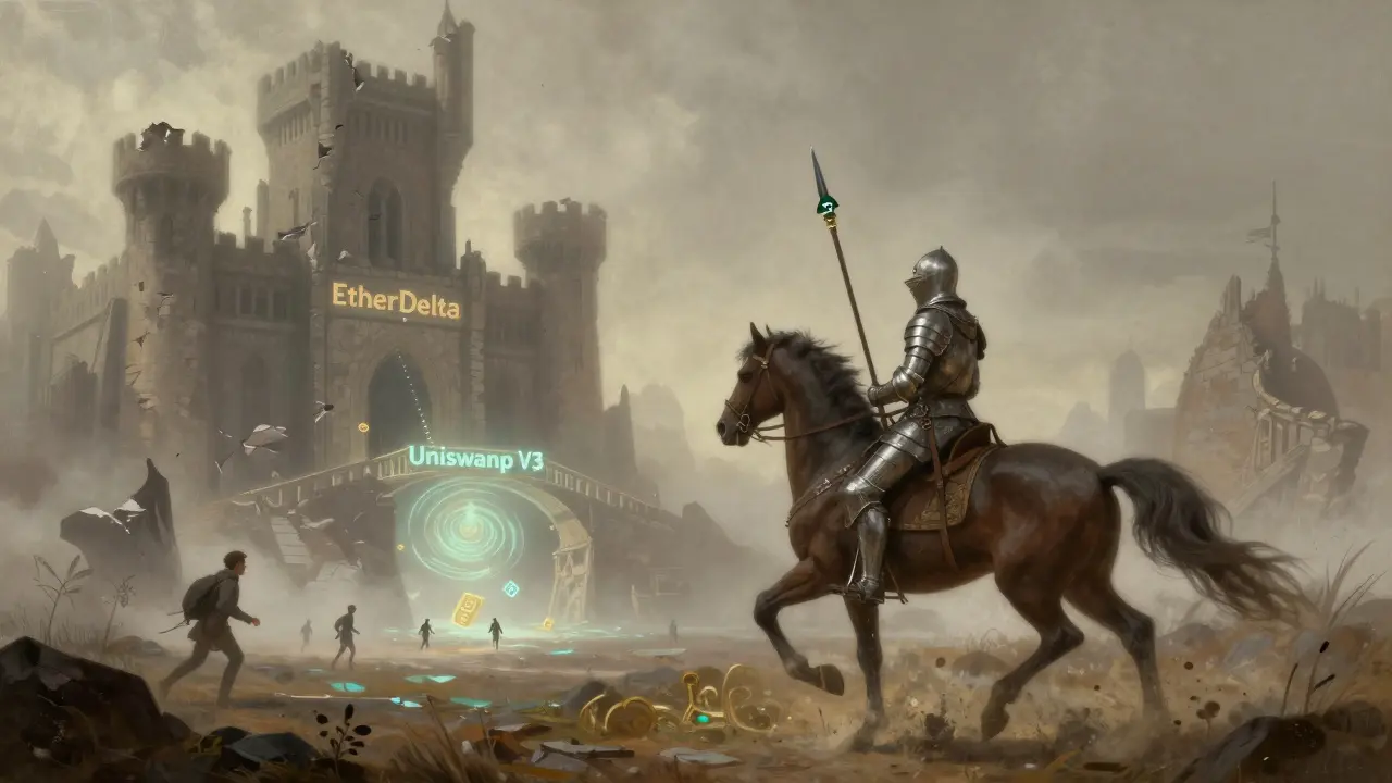 A knight rides toward a glowing bridge labeled &#039;Uniswap V3&#039; as the ghostly castle of EtherDelta fades behind him.