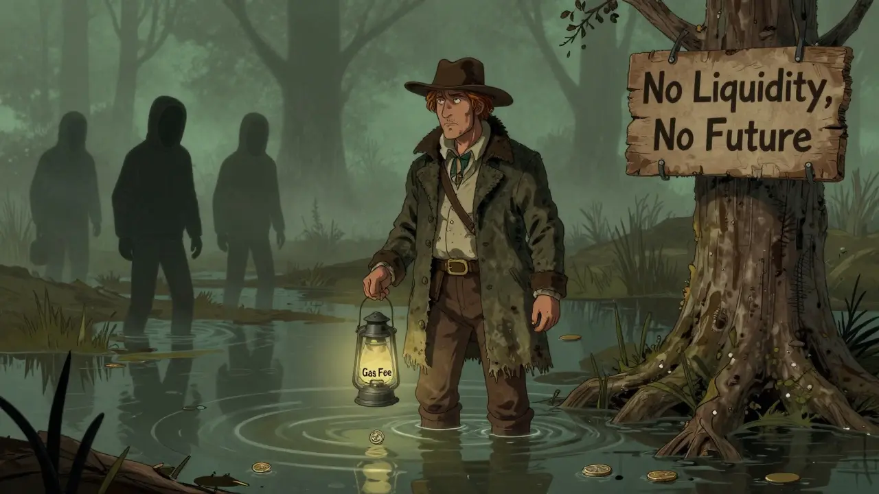 A lone trader in old-fashioned clothes beside a swamp of worthless tokens, lit by a gas fee lantern.