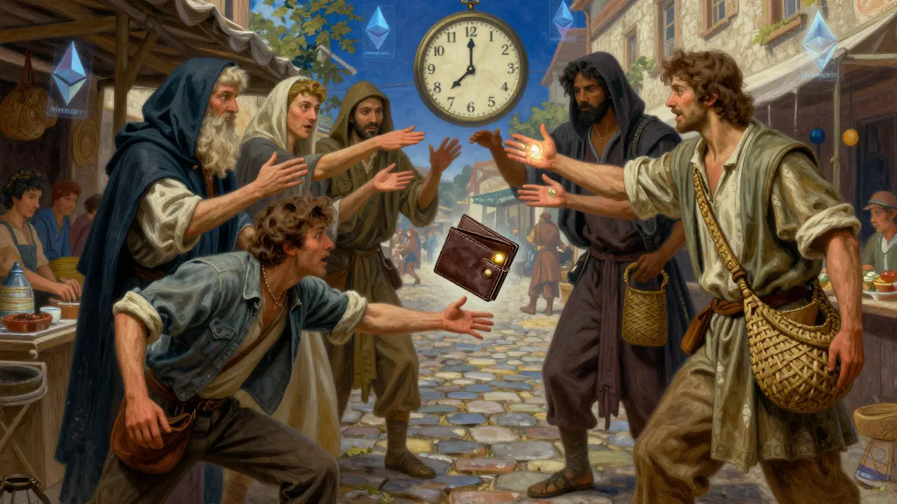 A man in a marketplace reaches for a broken wallet as five guardians reach down, a clock ticking nearby.