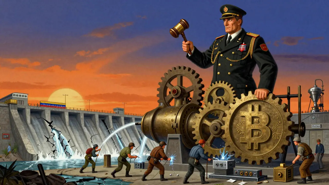 A massive mechanical mining system draws power from a dam, with officials overseeing tiny miners.