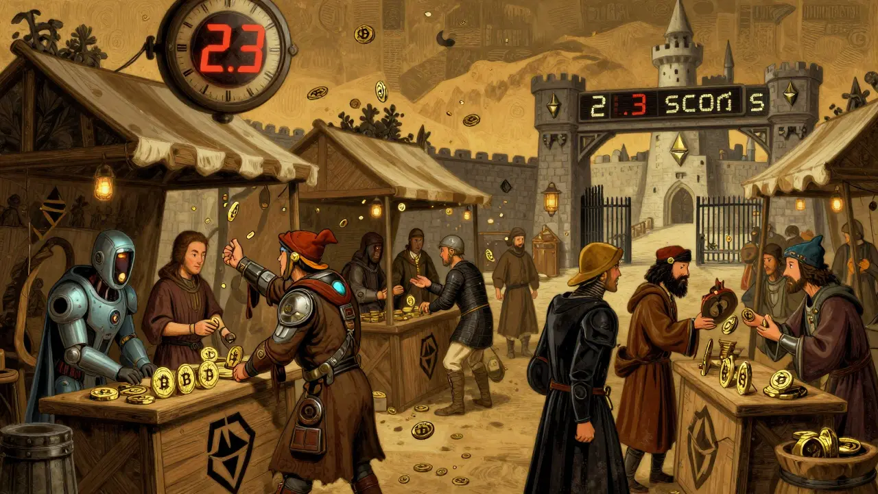 A medieval-style marketplace on Taiko where merchants trade USDC and BTC-bridged tokens under a '2.3 seconds' digital clock.