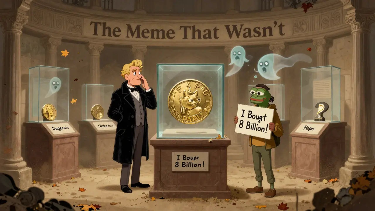 A museum display featuring a single PAPU token under glass, ignored by empty pedestals of other meme coins.