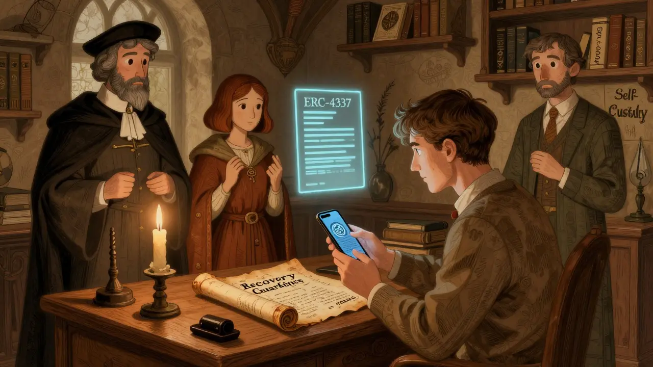 A person at a desk is surrounded by trusted guardians, with a glowing smart contract above them.