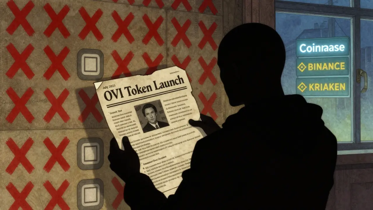 A shadowy figure holds a 2023 press release while surrounded by red X&#039;s over fake crypto platform logos and empty apps.