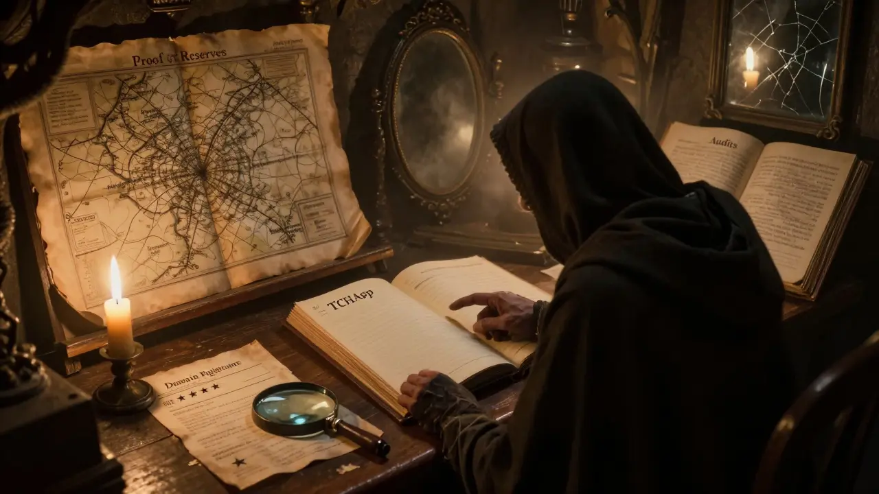 A shadowy figure points to an empty ledger labeled TCHApp amid documents of transparency that are all blank.