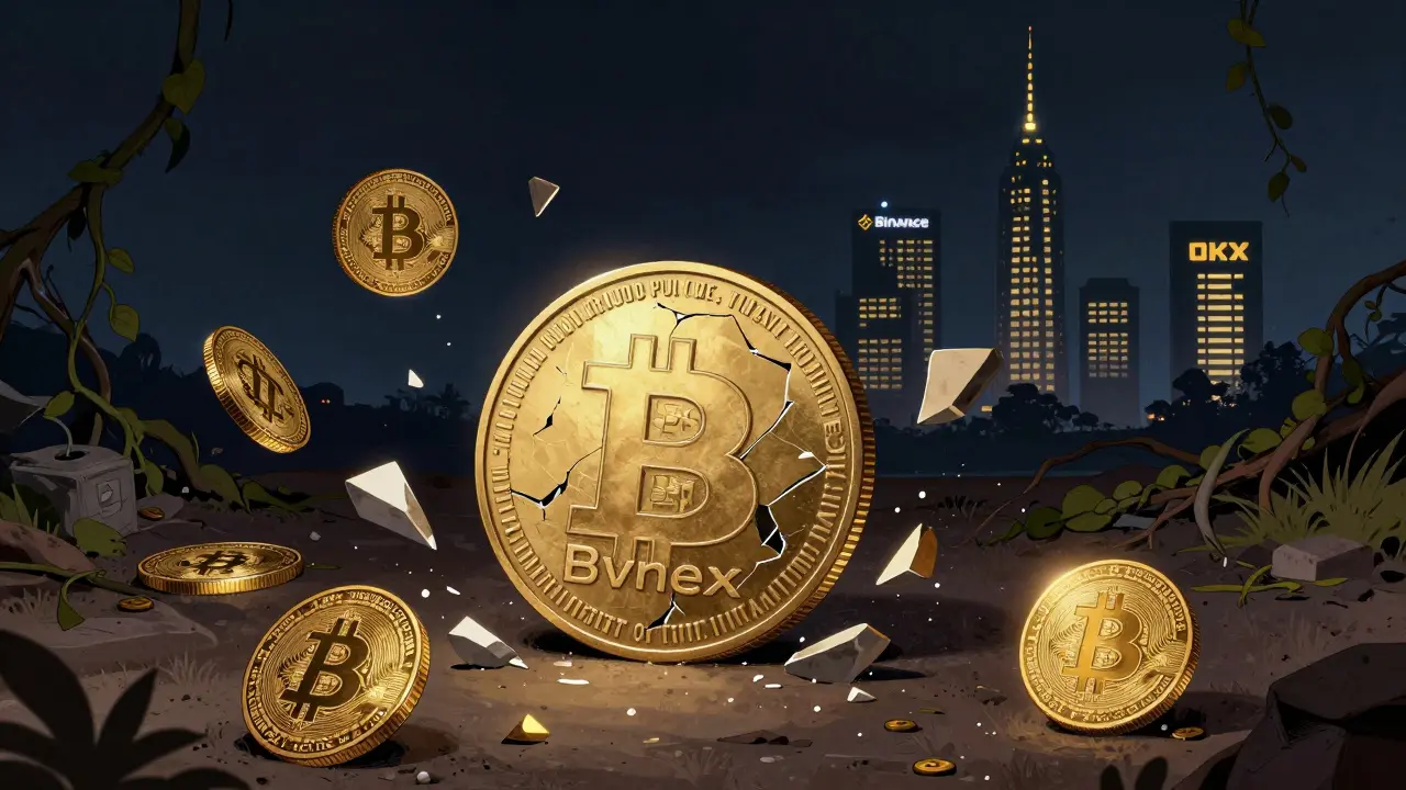 A shattered crypto coin lies among broken tokens, while modern exchanges glow in the distance under vines and silence.