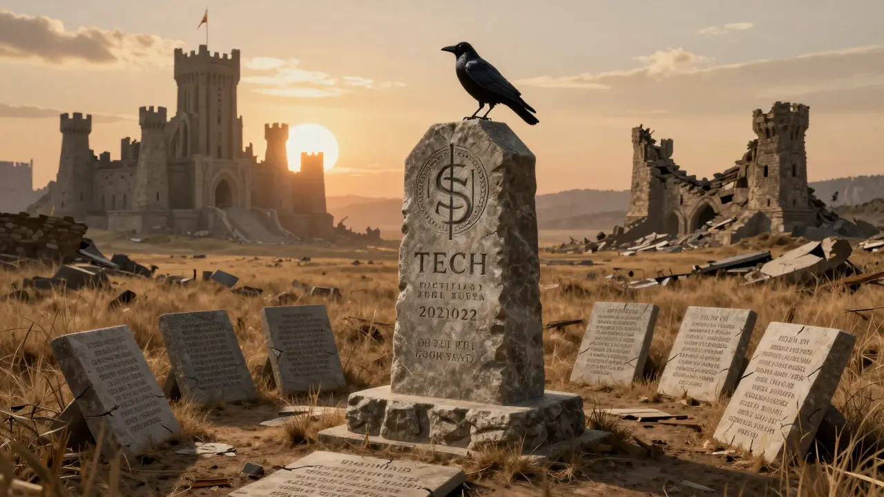 A stone monument engraved with $TECH symbol stands alone in a barren field, surrounded by cracked tablets as a crow perches atop it at sunset.