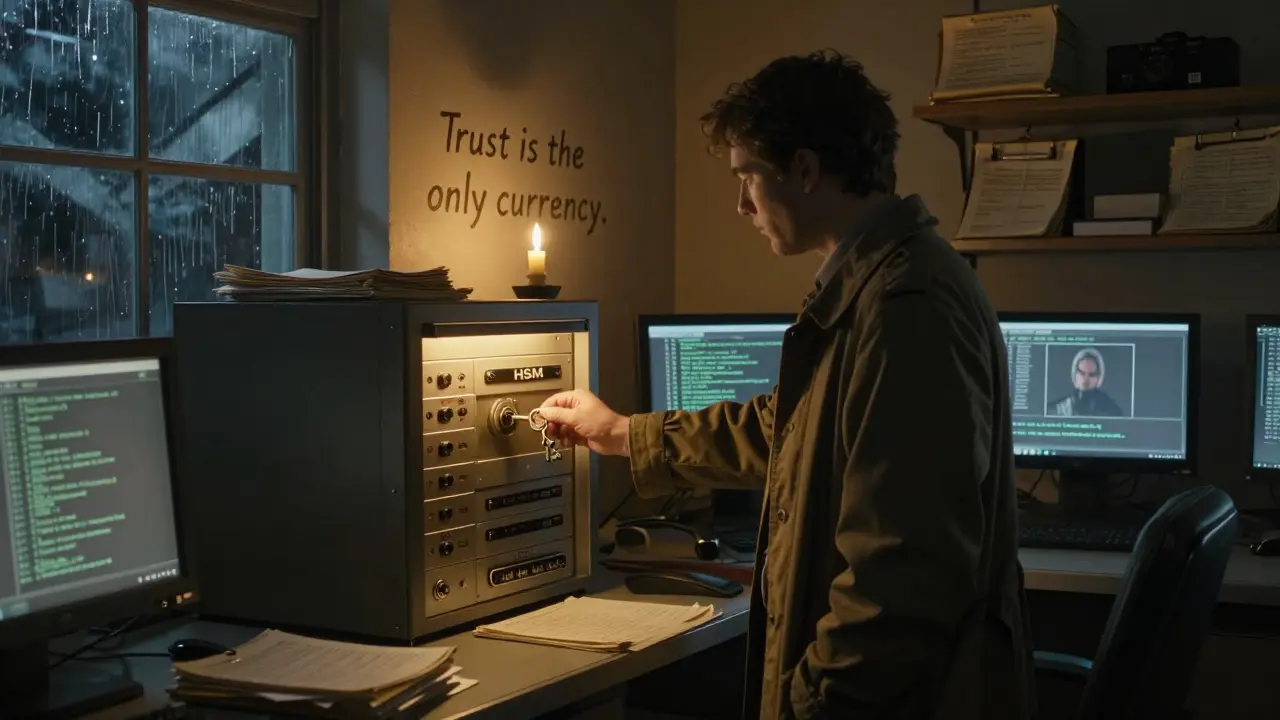 A technician inserts a key into an HSM as logs glow softly, a storm outside, and the phrase &#039;Trust is the only currency&#039; on the wall.
