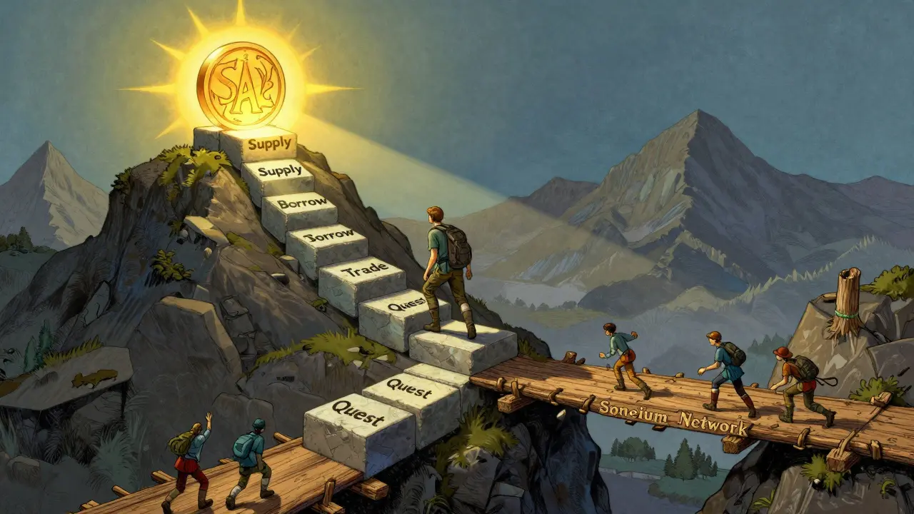 A traveler ascends a blockchain mountain path toward a glowing SAKE token, with tiny figures bridging assets below.