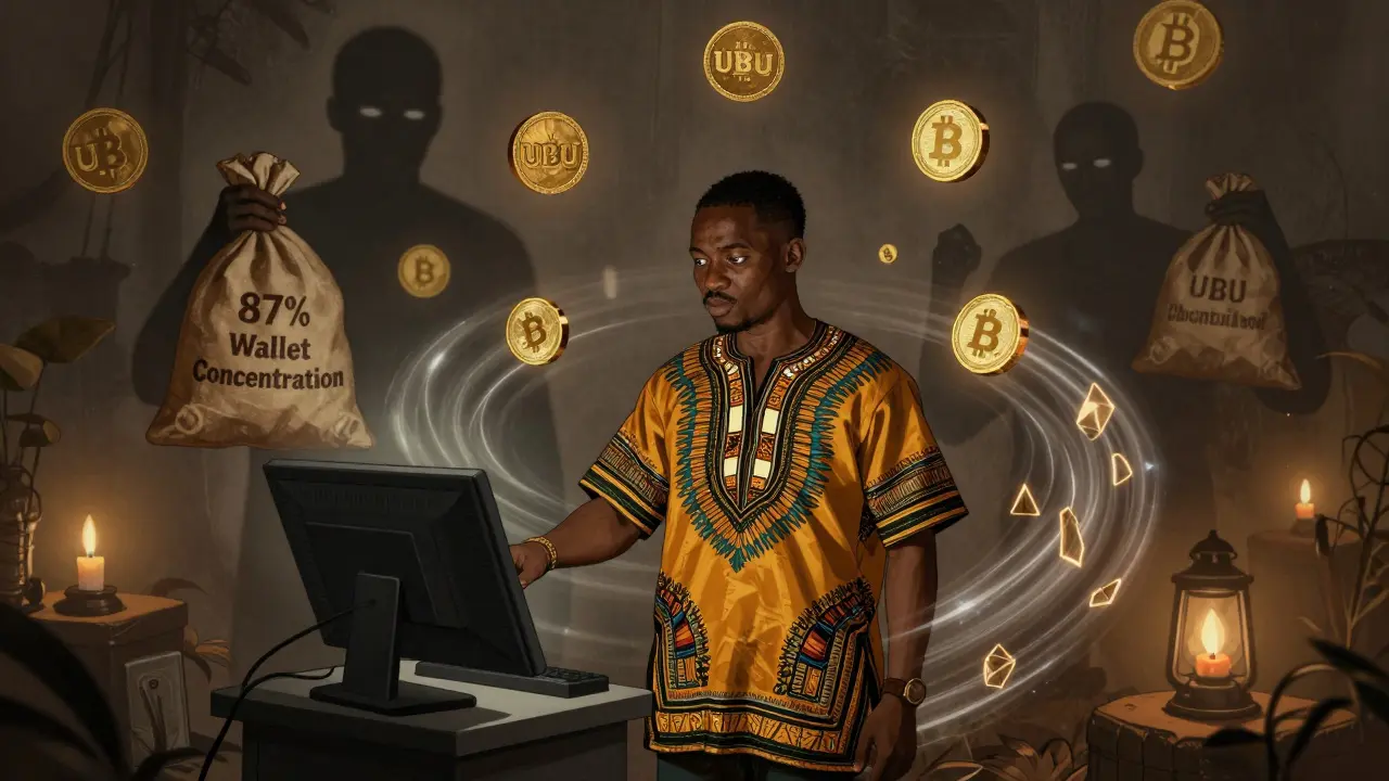 A user at a crypto exchange surrounded by glowing blockchain symbols and shadowy warning figures in a vintage illustration style.