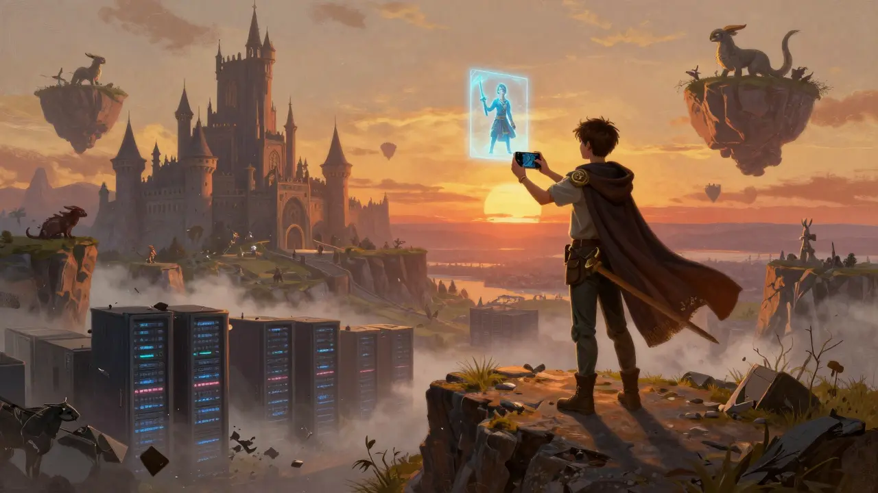 A young player on a cliff with a holographic NFT avatar, a digital metaverse unfolding behind them as a painted landscape.