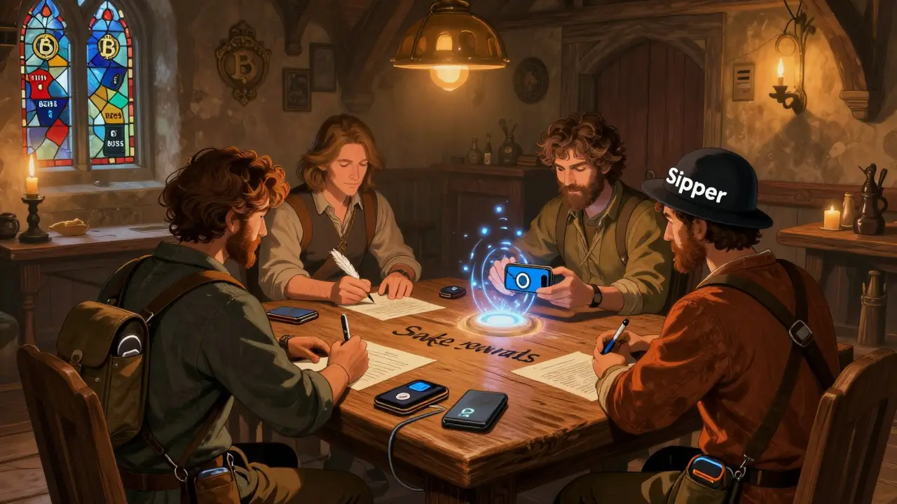 Adventurers in a candlelit guildhall gather around a wooden table marked 'Sake Rewards', connecting wallets and wearing 'Sipper' hats.