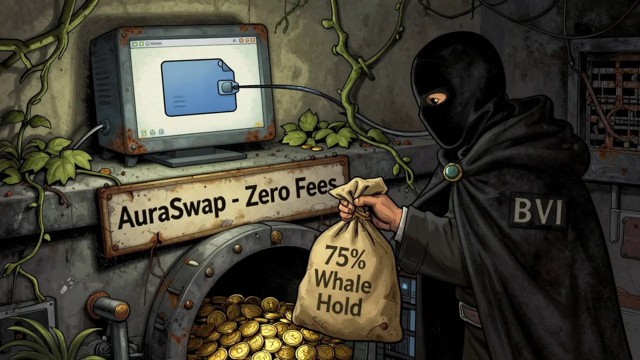 An anonymous figure deposits whale-held coins into a vault beneath a decaying AuraSwap sign.