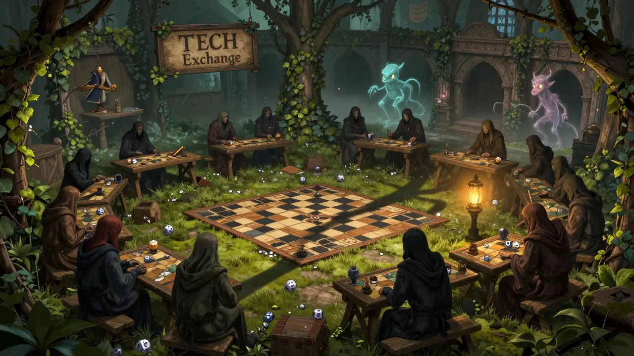 An overgrown medieval gaming arena with shadowy figures at empty tables, a flickering lantern illuminating a forgotten &#039;TECH Exchange&#039; sign.