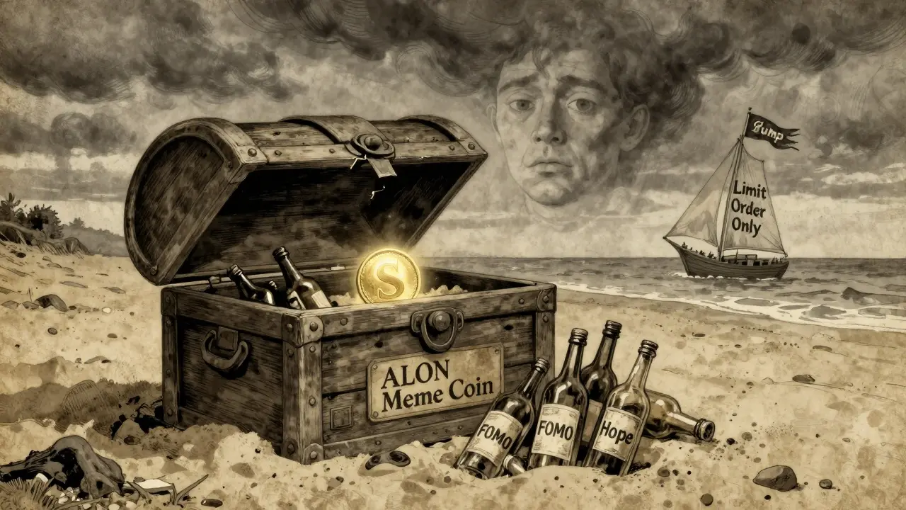 Cracked treasure chest labeled 'ALON' on a beach, revealing only a SOL coin and empty 'FOMO' bottles under a stormy sky.